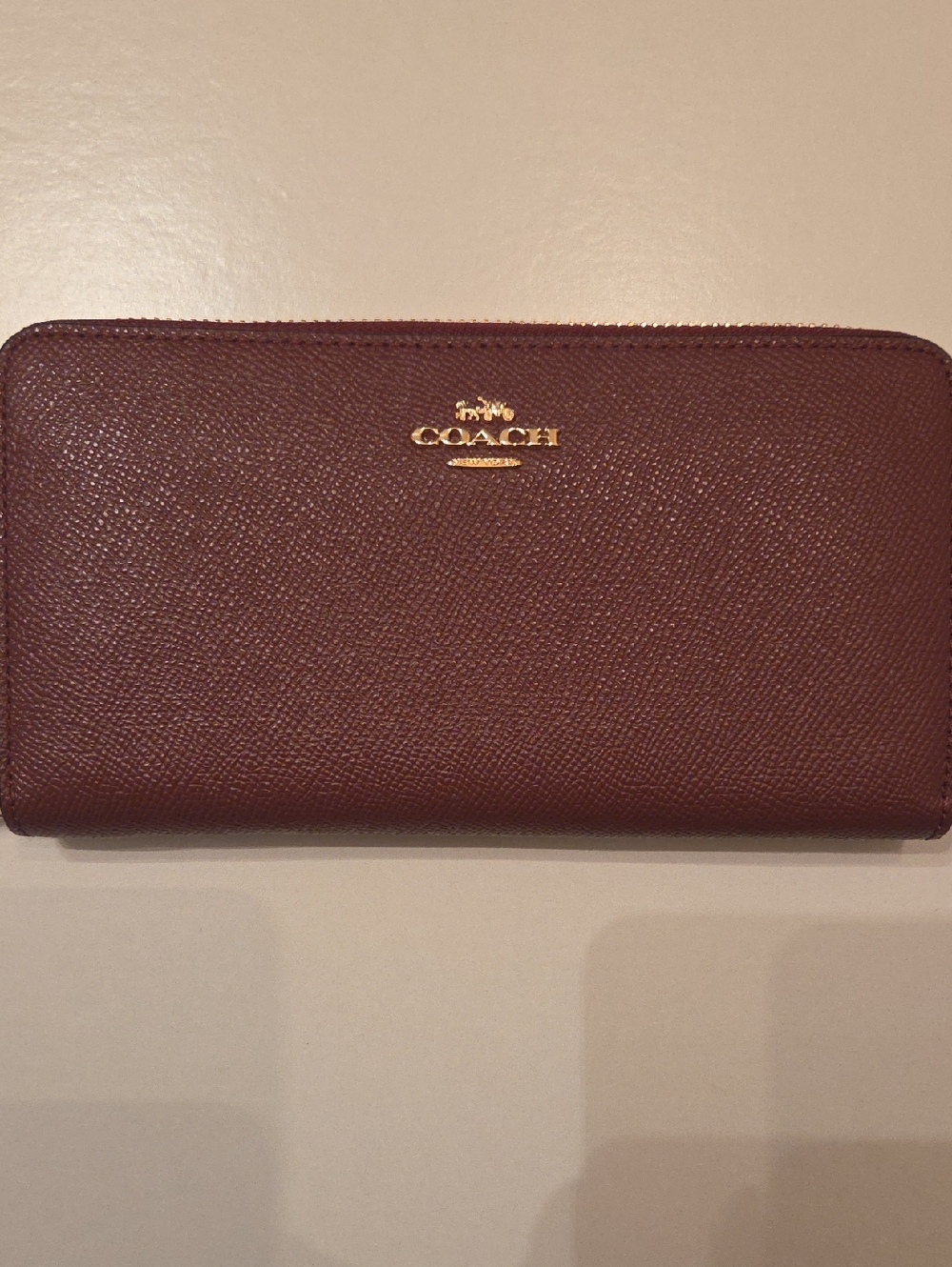 Coach Saffiano Zip Wallet in Burgundy with Gold Hardware